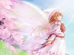  bow capelet cherry_blossoms dress grass green_hair hat highres lily_white long_hair ribbon scarlet_(studioscr) solo touhou tree wallpaper wings 