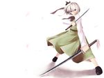  blue_eyes grey_hair hair_ribbon highres hiiragi_ryou konpaku_youmu long_sleeves ribbon short_hair solo sword tateha_(marvelous_grace) touhou wallpaper weapon 