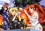  absurdres ahoge blonde_hair blue_eyes blue_hair brown_hair fate_testarossa hair_ornament highres japanese_clothes kimono long_hair low-tied_long_hair lyrical_nanoha mahou_shoujo_lyrical_nanoha_strikers minigirl multiple_girls okuda_yasuhiro one_eye_closed ponytail purple_eyes red_eyes red_hair reinforce_zwei side_ponytail takamachi_nanoha x_hair_ornament yagami_hayate yukata 