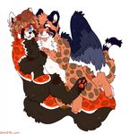  black_fur blue_eyes brown_fur brown_hair dipstick_tail duo facial_piercing feline fur hair leopard mammal mewrei miri multicolored_tail nose_piercing nude pawpads piercing red_fur red_panda simple_background smile white_fur wings 