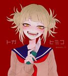  1girl blonde_hair blunt_bangs blush boku_no_hero_academia cardigan character_name double_bun fangs knife meeeko_13 open_mouth school_uniform serafuku solo tagme toga_himiko twitter_name upper_body weapon yellow_eyes 