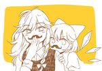  blush cirno facial_hair fake_facial_hair fake_mustache ice ice_wings kirisame_marisa looking_at_viewer multiple_girls mustache no_hat no_headwear partially_colored touhou wings yellow_background yonu_(yonurime) 