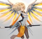  alternate_hairstyle armor bad_id bad_pixiv_id bangs black_gloves blonde_hair blue_eyes bodysuit breastplate breasts brown_legwear cowboy_shot faulds gloves hair_down hair_ornament headgear holding holding_staff holding_weapon loincloth long_hair mechanical_halo mechanical_wings medium_breasts mercy_(overwatch) otuming overwatch pantyhose parted_lips pelvic_curtain red_cross solo spread_wings staff swiss_flag turtleneck weapon wings yellow_wings 