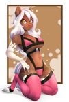  5_fingers anthro breasts brown_skin clothed clothing equine female hair hooves horse kneeling looking_at_viewer mammal midriff navel pony simple_background skimpy solo suelix white_hair wide_hips yellow_eyes 