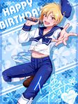  artist_name blonde_hair boots brown_footwear ensemble_stars! floral_background foreshortening hat highres idol male_focus microphone navel nito_nazuna open_mouth outstretched_arm ponsu_(ponzuxponzu) red_eyes round_teeth sailor sailor_collar sailor_hat smile solo teeth 