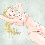  1girl bikini blonde_hair blush breasts girls_und_panzer green_eyes groin large_breasts navel sasaki_akebi solo 