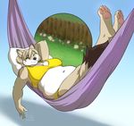  anthro belly big_belly bra canine clothed clothing coyote female fur hair hammock hi_res jewelry kittydee lying mammal navel necklace obese on_back one_eye_closed overweight simple_background smile solo underwear 