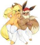  2016 anthro apple applejack_(mlp) blonde_hair breasts brown_fur camel_toe canine clothing cowboy_hat cutie_mark duo earth_pony eevee equine erect_nipples female food fox freckles friendship_is_magic fruit fur green_eyes hair hat hi_res horse legwear long_hair looking_at_viewer mammal mostly_nude my_little_pony nintendo nipples open_mouth pok&eacute;mon pony purple_eyes simple_background slugbox smile thigh_highs tongue video_games white_background 