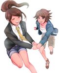  1girl asahina_aoi asahina_yuuta bloom brother_and_sister brown_hair closed_eyes danganronpa danganronpa_3 highres imo_(kong) necktie ponytail running shoes short_hair shorts siblings simple_background smile sneakers suit_jacket white_background yellow_neckwear zettai_zetsubou_shoujo 