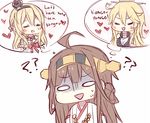  ?? ahoge blonde_hair blush brown_hair closed_eyes crown headband heart iowa_(kantai_collection) japanese_clothes kantai_collection kongou_(kantai_collection) kvlen love_triangle miko multiple_girls nontraditional_miko simple_background thought_bubble turn_pale warspite_(kantai_collection) wide_oval_eyes yuri 