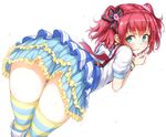  absurdres aozora_jumping_heart ass ass_focus bangs bent_over blush colored_stripes commentary_request cowboy_shot earrings flower frilled_skirt frills from_behind green_eyes hair_flower hair_ornament hair_ribbon highres idol jewelry kurosawa_ruby kyokucho leaning_forward long_hair looking_at_viewer looking_back love_live! love_live!_sunshine!! miniskirt multicolored multicolored_clothes multicolored_legwear red_hair ribbon school_uniform serafuku skirt smile solo striped striped_legwear sweat thighhighs two_side_up upskirt wristband yellow_frills zettai_ryouiki 