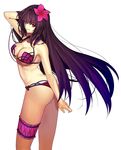  adjusting_hair ass bikini breasts cleavage fate/grand_order fate_(series) flower hair_flower hair_ornament hibiscus highres large_breasts leg_garter long_hair looking_at_viewer purple_hair red_eyes scathach_(fate)_(all) scathach_(swimsuit_assassin)_(fate) sen_(77nuvola) solo swimsuit very_long_hair 