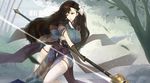  brown_eyes brown_hair highres japanese_clothes kikivi long_hair solo thighhighs toukiden weapon 