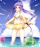  animal ball bangs bare_arms bare_shoulders beachball bikini blush braid breasts cloud collarbone day eating food hair_ribbon highres horizon innertube kanataww long_hair looking_at_viewer medium_breasts melting mouse mouth_hold navel ocean original outdoors pink_eyes pointy_ears popsicle purple_hair ribbon side-tie_bikini side_braid sidelocks single_braid sky solo swimsuit tail_raised twintails wading water wrist_ribbon 