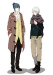  blue_hair boots cargo_pants coat cosplay facial_mark full_body hands_in_pockets highres jacket looking_at_another male_focus multiple_boys nadzomi_viro nezumi_(no.6) nezumi_(no.6)_(cosplay) no.6 pants red_eyes scarf shion_(no.6) shion_(no.6)_(cosplay) shirt smile white_hair 