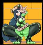  1girl ass asui_tsuyu black_eyes black_hair bodysuit boku_no_hero_academia breasts curvy erect_nipples female frog_girl gloves large_breasts long_hair looking_at_viewer shiny smile solo squatting uirou-zazami 