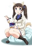  :p animal_ears bangs black_legwear blue_eyes blue_shirt blunt_bangs blush brave_witches brown_hair dress_shirt eating food georgette_lemare highres holding ice_cream jacket long_hair long_sleeves looking_at_viewer military military_uniform no_pants pillow ribbon shirt sitting socks solo spoon tail tongue tongue_out twintails uniform wan'yan_aguda white_jacket world_witches_series 