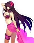  adjusting_hair ass bikini breasts cleavage fate/grand_order fate_(series) flower hair_flower hair_ornament hibiscus highres large_breasts leg_garter long_hair looking_at_viewer purple_hair purple_sarong red_eyes sarong scathach_(fate)_(all) scathach_(swimsuit_assassin)_(fate) sen_(77nuvola) solo swimsuit very_long_hair 
