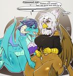  2016 anthro anthrofied avante92 avian beak blush bottomless brown_feathers clothed clothing dialogue dragon duo english_text eyes_closed feathered_wings feathers female friendship_is_magic gilda_(mlp) gryphon hi_res holding_object horn my_little_pony open_mouth princess_ember_(mlp) pussy scalie sharp_teeth spoon teeth text tongue white_feathers wings 