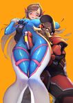  1girl absurdres beard bodysuit breast_grab brown_eyes brown_hair d.va_(overwatch) eyepatch facial_hair gloves grabbing han-0v0 headphones hetero highres imminent_rape knees_together_feet_apart long_hair mask mask_on_head mechanical_arm mustache old_man overwatch pilot_suit rape_face sexually_suggestive torbjorn_(overwatch) welding_mask 