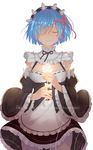  blue_hair breasts copyright_name detached_sleeves english flower frilled_sleeves frills hair_ornament hair_over_one_eye hair_ribbon highres maid maid_headdress medium_breasts mizu_(dl7613) pantyhose re:zero_kara_hajimeru_isekai_seikatsu red_ribbon rem_(re:zero) ribbon ribbon_trim rose short_hair solo tears white_flower white_rose x_hair_ornament 