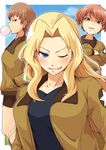  alisa_(girls_und_panzer) blonde_hair blue_eyes blush bomber_jacket breasts brown_eyes brown_hair bubble bubble_blowing chewing_gum crossed_arms freckles girls_und_panzer grin hands_in_pockets jacket kay_(girls_und_panzer) large_breasts long_hair looking_down mice_(sake_nomitai) military military_uniform multiple_girls naomi_(girls_und_panzer) one_eye_closed saunders_military_uniform short_hair short_twintails smile smirk twintails uniform 