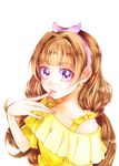  amanogawa_kirara brown_hair collarbone earrings eyebrows eyebrows_visible_through_hair go!_princess_precure hairband highres jewelry long_hair looking_at_viewer mikan_(mikataaaa) nail_polish orange_nails pink_hairband precure purple_eyes solo star star_earrings twintails 