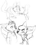  anthro black_and_white canine clothed clothing dialogue disney dotkwa female finnick food fox gideon_grey group judy_hopps lagomorph male mammal monochrome pie rabbit simple_background sketch text white_background zootopia 