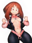  blush_stickers bodysuit boku_no_hero_academia bracelet breasts cameltoe center_opening clenched_hands closed_mouth collar covered_nipples cowboy_shot eyebrows fumio_(rsqkr) jewelry medium_breasts red_eyes red_hair revealing_clothes short_hair simple_background smile solo standing thick_eyebrows uraraka_ochako white_background 