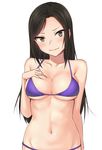 bare_arms bare_shoulders bikini black_hair breasts cleavage collarbone cowboy_shot embarrassed green_eyes hand_on_breast hand_on_own_chest hashi head_tilt idolmaster idolmaster_cinderella_girls long_hair looking_at_viewer medium_breasts mukai_takumi navel purple_bikini simple_background solo standing stomach sweatdrop swimsuit very_long_hair wavy_mouth white_background 