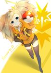  blonde_hair blue_eyes character_name dutch_angle emblem from_above genderswap genderswap_(mtf) gloves grin hand_on_hip highres holding holding_poke_ball hood hoodie jacket jewelry necklace open_clothes open_jacket orange_gloves poke_ball pokemon pokemon_go short_shorts shorts smile solo spark_(pokemon) team_instinct thighhighs twintails yedda50431 
