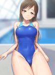  arm_support bare_arms bare_shoulders blue_swimsuit blurry blurry_background breasts brown_eyes brown_hair collarbone competition_swimsuit groin hashi head_tilt idolmaster idolmaster_cinderella_girls indoors large_breasts leaning_back legs_together looking_at_viewer nitta_minami one-piece_swimsuit pool rei_no_pool sitting solo swimsuit thighs water 