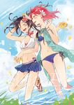  2girls :d ^_^ arm_up bikini bikini_skirt black_hair blue_bikini blue_sky breasts choker cleavage closed_eyes cloud cover cover_page day doujin_cover english floating_hair flower front-tie_bikini front-tie_top hair_flower hair_ornament halter_top halterneck happy holding holding_flower karuha love_live! love_live!_school_idol_project multiple_girls navel nishikino_maki open_eyes open_mouth outdoors petals polka_dot purple_eyes red_hair ribbon short_hair side-by-side side-tie_bikini sky small_breasts smile splashing standing summer swimsuit text_focus wading water yazawa_nico yellow_flower 