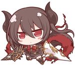  angeltype blush_stickers brown_hair capelet chibi draph forte_(shingeki_no_bahamut) granblue_fantasy horns lance polearm red_eyes ribbon simple_background solo weapon white_background 