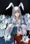  animal animal_ears bangle bangs bracelet bunny bunny_ears choko_(cup) cup flower flower_request fur_trim highres jewelry jiliang_ji_ying lavender_hair long_hair necklace purple_hair red_lips reisen_udongein_inaba table tokkuri touhou white_flower wide_sleeves wooden_table 