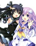  :d ;d absurdres arm_holding armpits black_hair blush breasts choker d-pad d-pad_hair_ornament elbow_gloves gloves hair_ornament highres long_hair looking_at_viewer multiple_girls nepgear neptune_(series) official_art one_eye_closed open_mouth purple_eyes purple_hair red_eyes salute sideboob simple_background small_breasts smile thighhighs tsunako two_side_up uni_(choujigen_game_neptune) waving white_background 