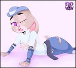  4_fingers anthro breasts clothed clothing disney fur goat-head_(artist) grey_fur judy_hopps lagomorph mammal open_mouth pink_nose purple_eyes pussy rabbit simple_background torn_clothing zootopia 