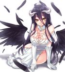  ahoge albedo arm_support bare_shoulders black_hair black_wings blurry breasts cleavage commentary_request demon_girl demon_horns depth_of_field detached_collar dress feathered_wings feathers gloves hip_vent horns large_breasts long_hair looking_at_viewer overlord_(maruyama) sanom sitting smile solo tsurime very_long_hair white_dress white_gloves wings yellow_eyes yokozuwari 