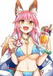  1girl 2016 :d absurdres animal_ears bangle bangs bead_bracelet bead_necklace beads beer_mug bikini blue_bikini bracelet breasts cleavage collar cowboy_shot cup dated drinking_glass fate/grand_order fate_(series) feeding food fox_ears fox_tail fruit groin hair_between_eyes highres holding holding_cup holding_spoon ice_cream innertube jewelry large_breasts long_hair looking_at_viewer navel necklace nekomicha open_mouth pendant pink_hair pocky pov_feeding shawl side-tie_bikini signature smile solo spoon stomach string_bikini sundae sweat swimsuit tail tamamo_(fate)_(all) tamamo_no_mae_(fate) tamamo_no_mae_(swimsuit_lancer)_(fate) underboob upper_body wafer_stick wet whipped_cream white_background yellow_eyes 