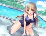  :d arm_support bangs bare_shoulders barefoot blunt_bangs blush breasts brown_hair cleavage collarbone commentary_request dutch_angle full_body kneeling large_breasts long_hair looking_at_viewer official_art old_school_swimsuit one-piece_swimsuit open_mouth original pool poolside sanom school school_swimsuit smile solo swimsuit v_arms water wet yellow_eyes 