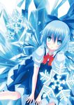 blue_eyes blue_hair bow cirno hair_bow ice ice_wings mitsuki_yuu open_mouth snowflakes solo touhou wings 
