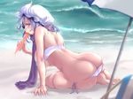  ass beach beach_umbrella bikini blush breasts day eating hat hi-yo large_breasts letty_whiterock looking_at_viewer mob_cap outdoors purple_eyes purple_hair scarf seiza sexually_suggestive side-tie_bikini sitting skindentation solo summer swimsuit touhou tupet umbrella water white_bikini 