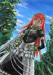  1girl armor armored_dress artist_request breasts cloud cz2128_delta dress eyepatch frills gloves green_eyes gun long_hair maid maid_headdress overlord_(maruyama) pink_hair puffy_sleeves scarf solo tree weapon 