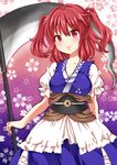  absurdres bad_id bad_pixiv_id chako_(chakoxxx) cherry_blossoms hair_bobbles hair_ornament highres japanese_clothes obi onozuka_komachi petals red_eyes red_hair sash scythe solo touhou two_side_up 