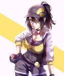  arm_at_side backpack bag baseball_cap belt black_gloves black_hat black_shorts breasts brown_hair choker chromatic_aberration cleavage closed_mouth collarbone contrapposto covered_navel cowboy_shot cropped_jacket female_protagonist_(pokemon_go) fingerless_gloves gankami gloves green_eyes hair_between_eyes hand_on_hip hat holding holding_poke_ball hood hood_down hooded_jacket jacket large_breasts long_sleeves poke_ball pokemon pokemon_go ponytail shorts simple_background skin_tight sleeves_past_elbows smile solo standing white_background white_jacket 