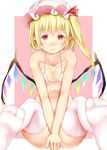  :&gt; alternate_costume bikini blonde_hair blush covering covering_crotch feet flandre_scarlet hat micro_bikini mob_cap pointy_ears red_eyes side_ponytail soles solo sugiyuu swimsuit thighhighs touhou white_bikini white_legwear wings 