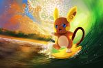  alolan_form alolan_raichu artist_name beach blue_eyes cloud cloudy_sky eric_proctor evening full_body leg_up no_humans ocean open_mouth pokemon pokemon_(creature) raichu reflection shore signature sky smile splashing standing standing_on_one_leg surfboard surfing water waving 