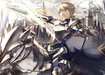  ahoge armor artoria_pendragon_(all) artoria_pendragon_(lancer) blonde_hair dun_stallion fate/grand_order fate/stay_night fate_(series) green_eyes holding holding_weapon horse horseback_riding kazutake_hazano lance open_mouth polearm rhongomyniad riding weapon 