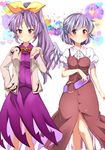  absurdres bad_id bad_pixiv_id belt bow chako_(chakoxxx) cosplay costume_switch hair_bow heart highres kishin_sagume kishin_sagume_(cosplay) long_hair multiple_girls pigeon-toed ponytail purple_hair red_eyes silver_hair single_wing touhou watatsuki_no_yorihime watatsuki_no_yorihime_(cosplay) wings 