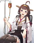  ahoge bags_under_eyes boots brown_hair commentary_request detached_sleeves hairband headgear intravenous_drip itou_(onsoku_tassha) japanese_clothes kantai_collection kongou_(kantai_collection) nontraditional_miko open_mouth purple_eyes remodel_(kantai_collection) ribbon_trim simple_background sitting solo tea thigh_boots thighhighs trembling wide_sleeves 